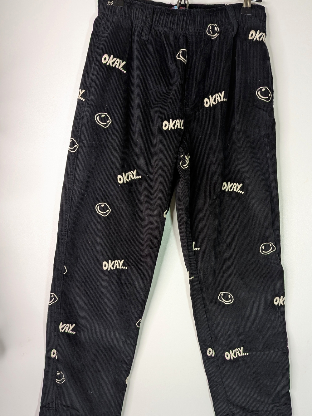 Black Corduroy Pants Mens S Black Smiley Face Okay Urban Outfitters Pockets